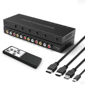 RuiPuo 4Port AV to HDMI Converter, 4Port AV to HDMI Switcher with IR Remote, Support 16:9/4:3 and Quick Switch Compatible with WII/N64/SNES/Xbox/PS1/PS2/PS3/VHS/VCR/DVD Players etc.(4AV In-1HDMI Out)