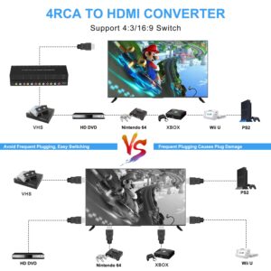 RuiPuo 4Port AV to HDMI Converter, 4Port AV to HDMI Switcher with IR Remote, Support 16:9/4:3 and Quick Switch Compatible with WII/N64/SNES/Xbox/PS1/PS2/PS3/VHS/VCR/DVD Players etc.(4AV In-1HDMI Out)