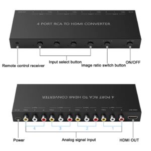 RuiPuo 4Port AV to HDMI Converter, 4Port AV to HDMI Switcher with IR Remote, Support 16:9/4:3 and Quick Switch Compatible with WII/N64/SNES/Xbox/PS1/PS2/PS3/VHS/VCR/DVD Players etc.(4AV In-1HDMI Out)