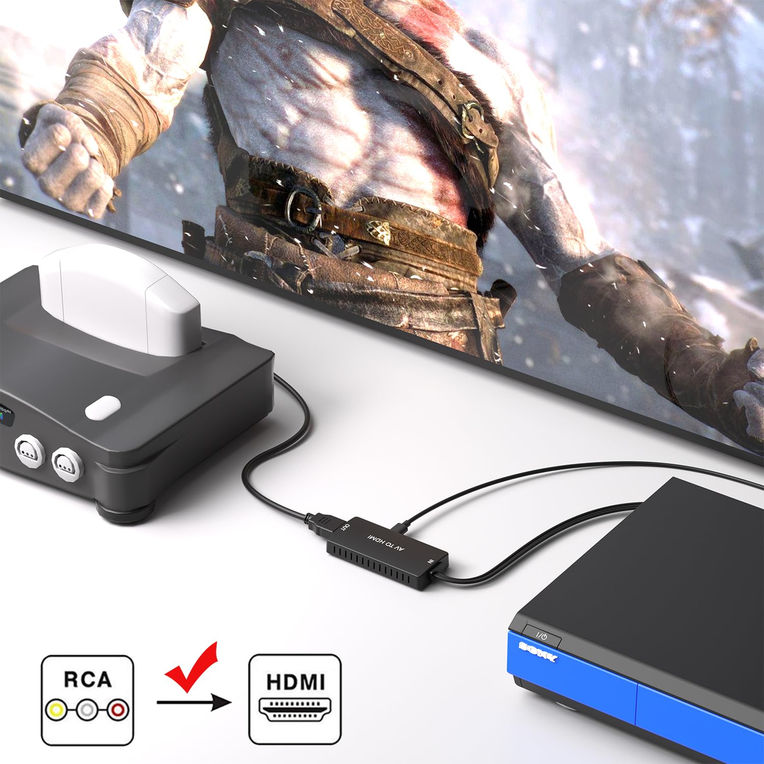 Dingsun RCA to HDMI Converter, AV to HDMI Adapter, Composite/CVBS/Video Audio Converter Support 1080P/720P for HD TV/Display/Projector/PS2/PS3/N64/Wii/STB/VHS/VCR/DVD/Blue-Ray Players etc.