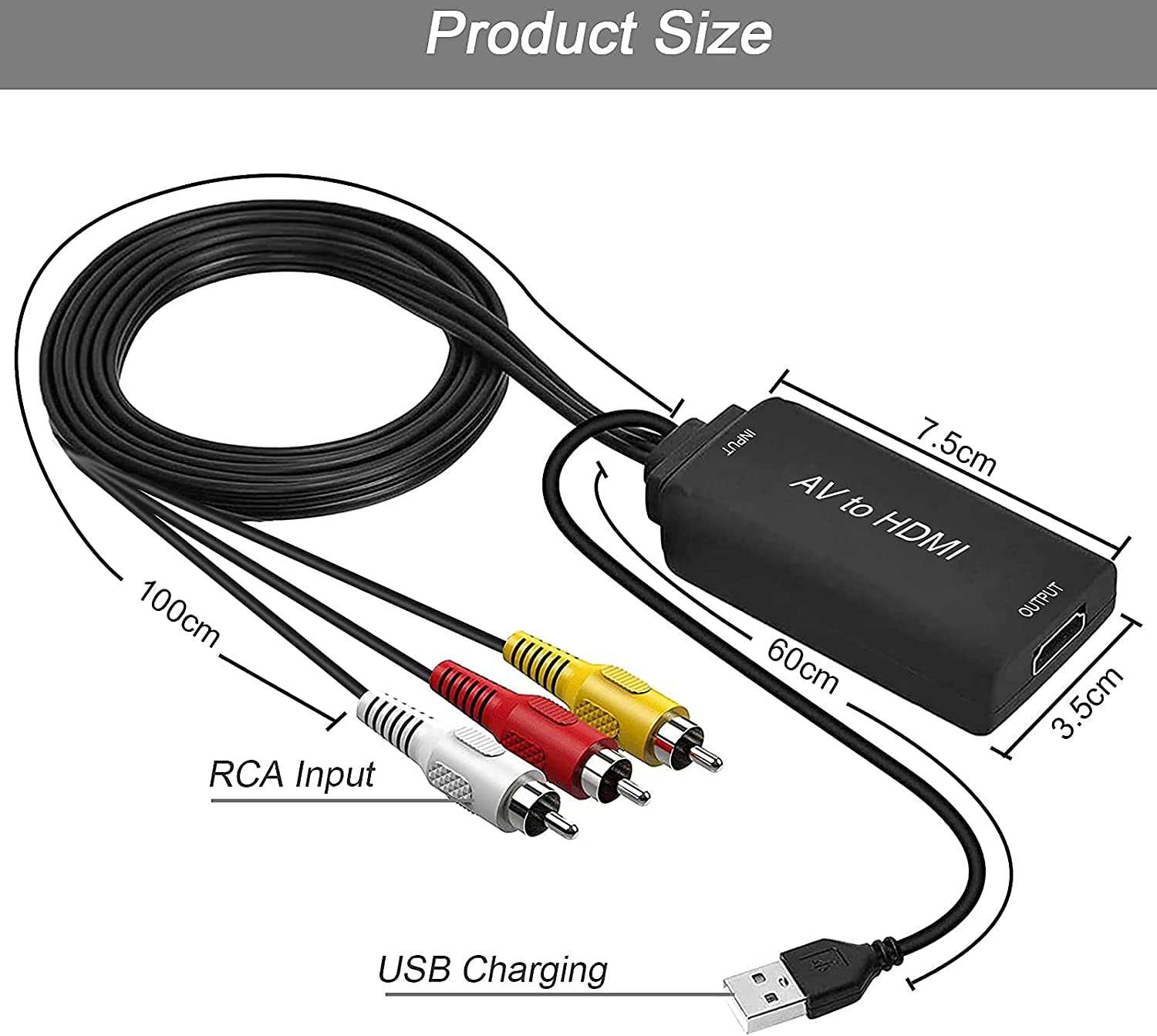 AMANKA RCA to HDMI, 1080P RCA Composite CVBS AV to HDMI Video Audio Converter Adapter with USB Charge Cable Compatible with PC Laptop Xbox PS4 PS3 TV STB VHS VCR Camera DVD