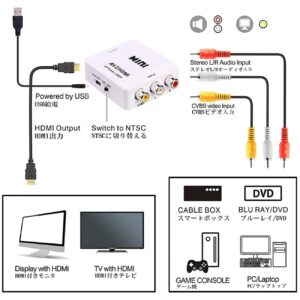 AV to HDMI Converter, RCA to HDMI Adapter, 1080p 3RCA CVBs to HDMI Composite Video Audio Converter Adapter for TV/PS3/VHS/VCR/DVD/PC/Blu-Ray DVD, White