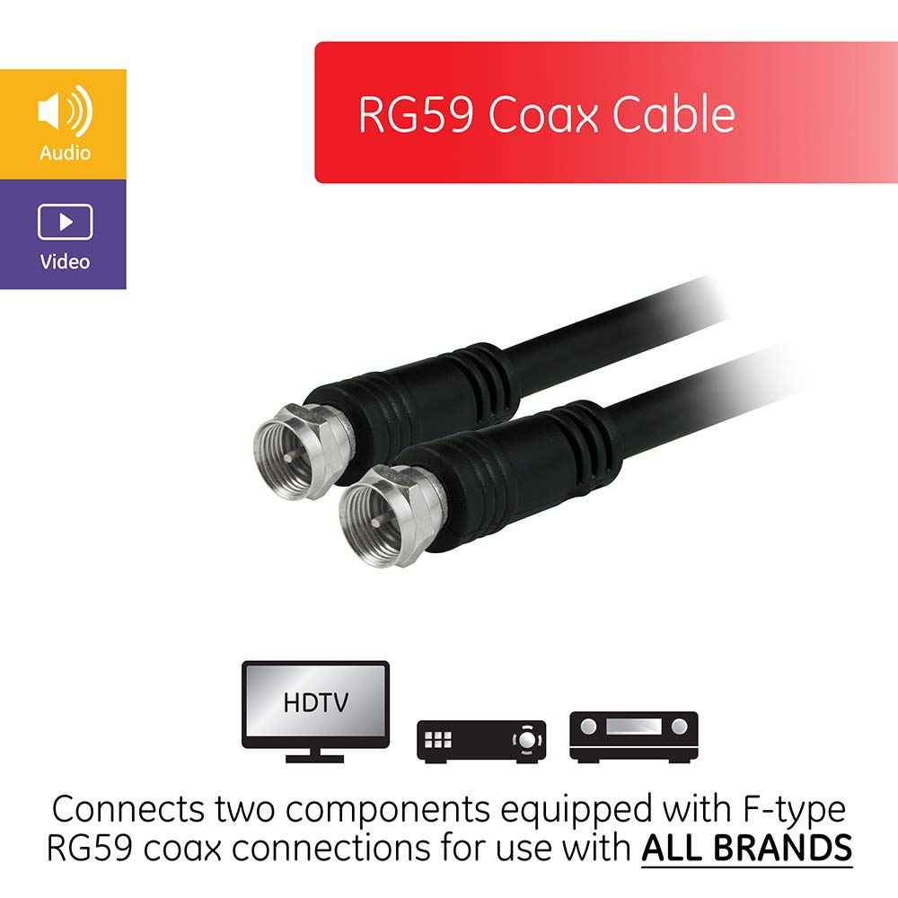 GE RG59 Coaxial Cable 25ft. (7.6m), Black, F-Type Connections Jacks, Low Loss, Double Shielded Coax Cable, Input/Output, Ideal for Antennas, DVR, VCR, Satellite to TV, 23210