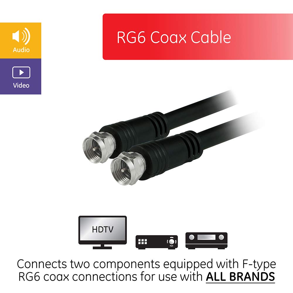 GE RG6 Coaxial Cable, 15 Ft. F-Type Connectors, Double Shielded Coax, Input Output, Low Loss Coax, Ideal for TV Antenna, DVR, VCR, Satellite Receiver, Cable Box, Home Theater, Black, 33627