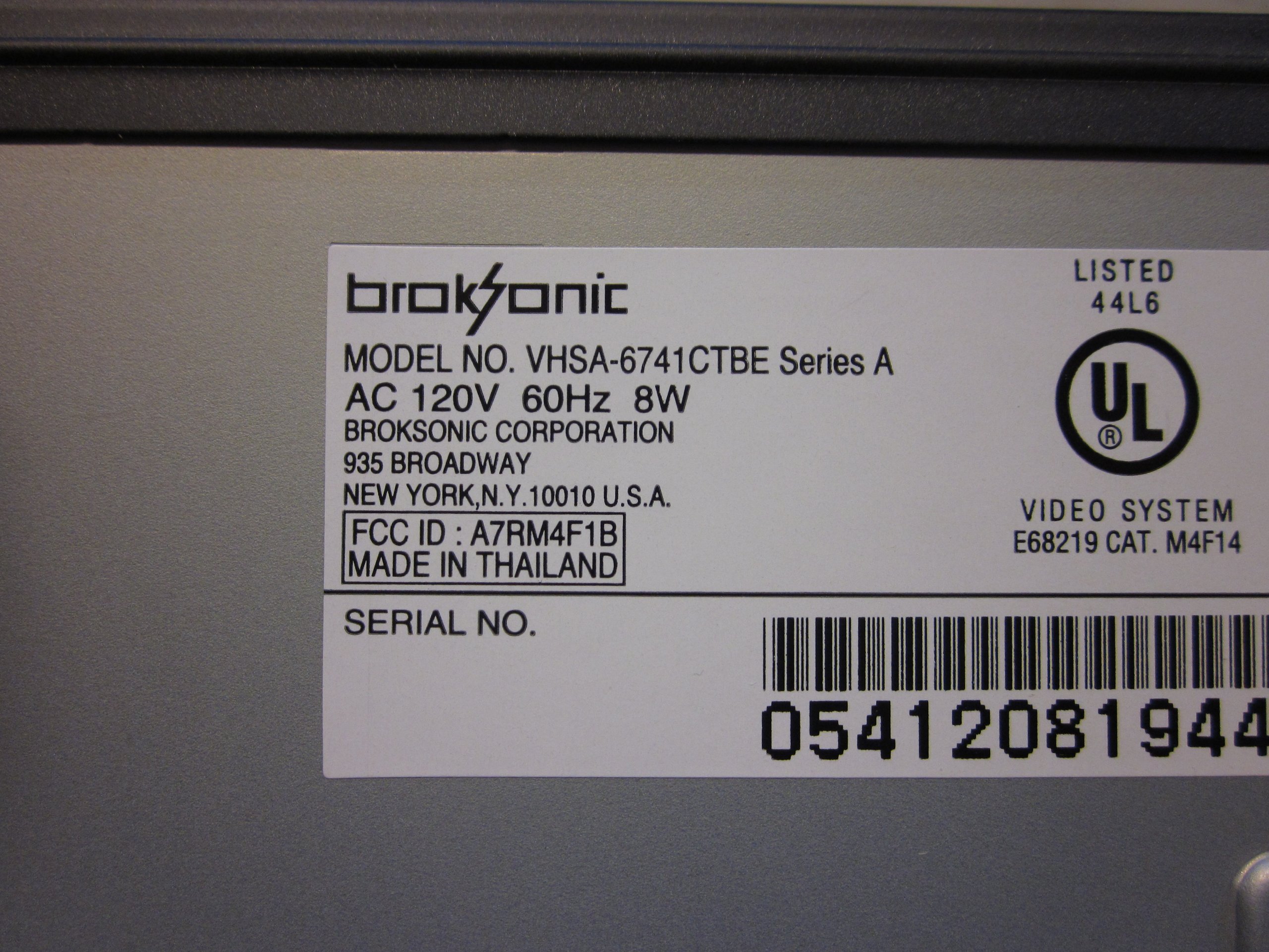 Broksonic 4-Head Mono VCR (VHSA-6741CTBE)