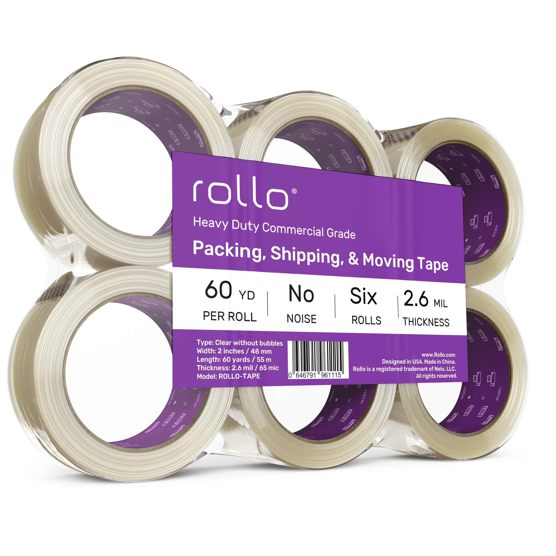 Rollo No Noise Packing Tape - Silent Shipping Tape 60 Yards x 2" Wide x 2.6 Mil Thick (6 Refill Rolls) - Clear Heavy Duty Industrial Quiet Tape for Packaging, Shipping, Moving, Storage with No Bubbles