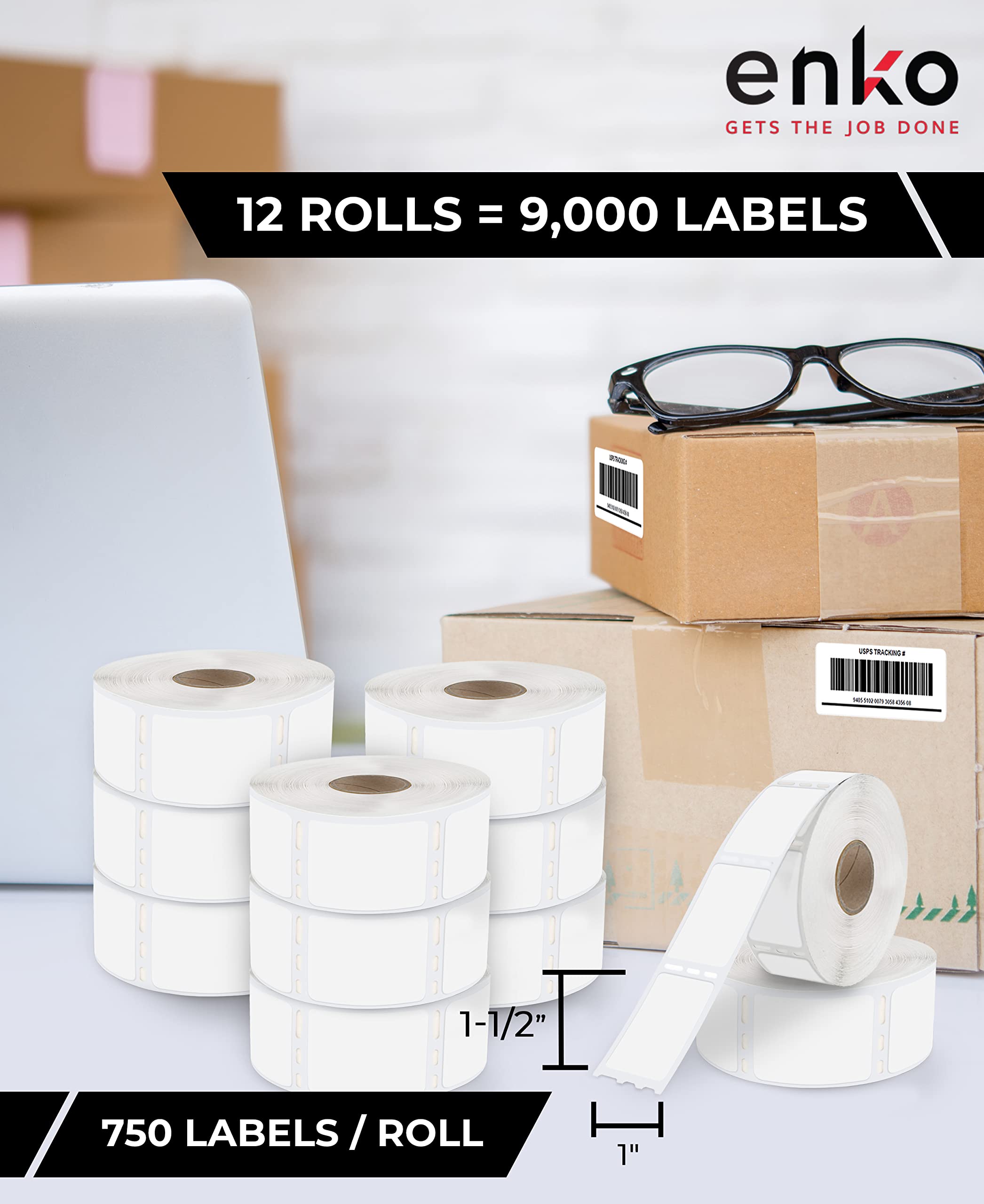 enKo Compatible 30347 Dymo Book Spine Labels (1" x 1-1/2") 12 Rolls, 9000 Library Book Barcode Labels - Use with Dymo Labelwriter 450, 4XL, 450 Turbo Printer, Rollo Printer
