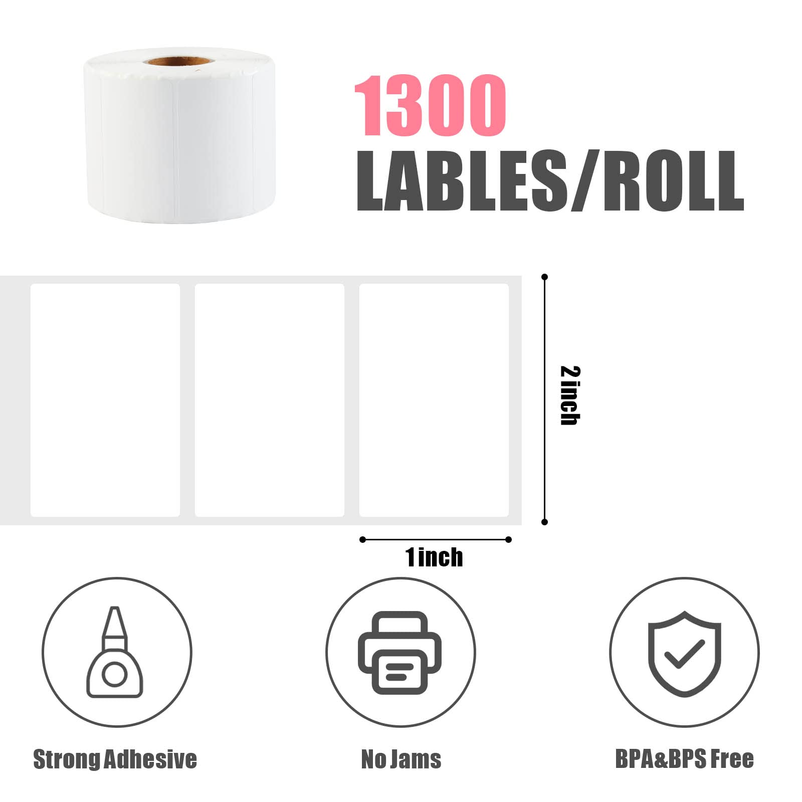 2x1 Thermal Labels, White Self Adhesive Label Stickers for Barcodes Address Shipping, Compatible with Zebra & Rollo Desktop Label Printers, 1300/Roll (1 Roll)