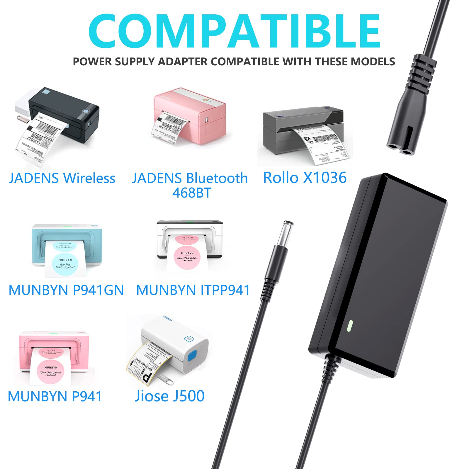 Replacement for MUNBYN Power Cord Compatible with NETUM ITPP941 NT-8006 P941 MU-ITPP941-US,Replacement for JADENS Power Supply Cord Compatible with Rollo X1038 Label Printer Thermal Label Maker