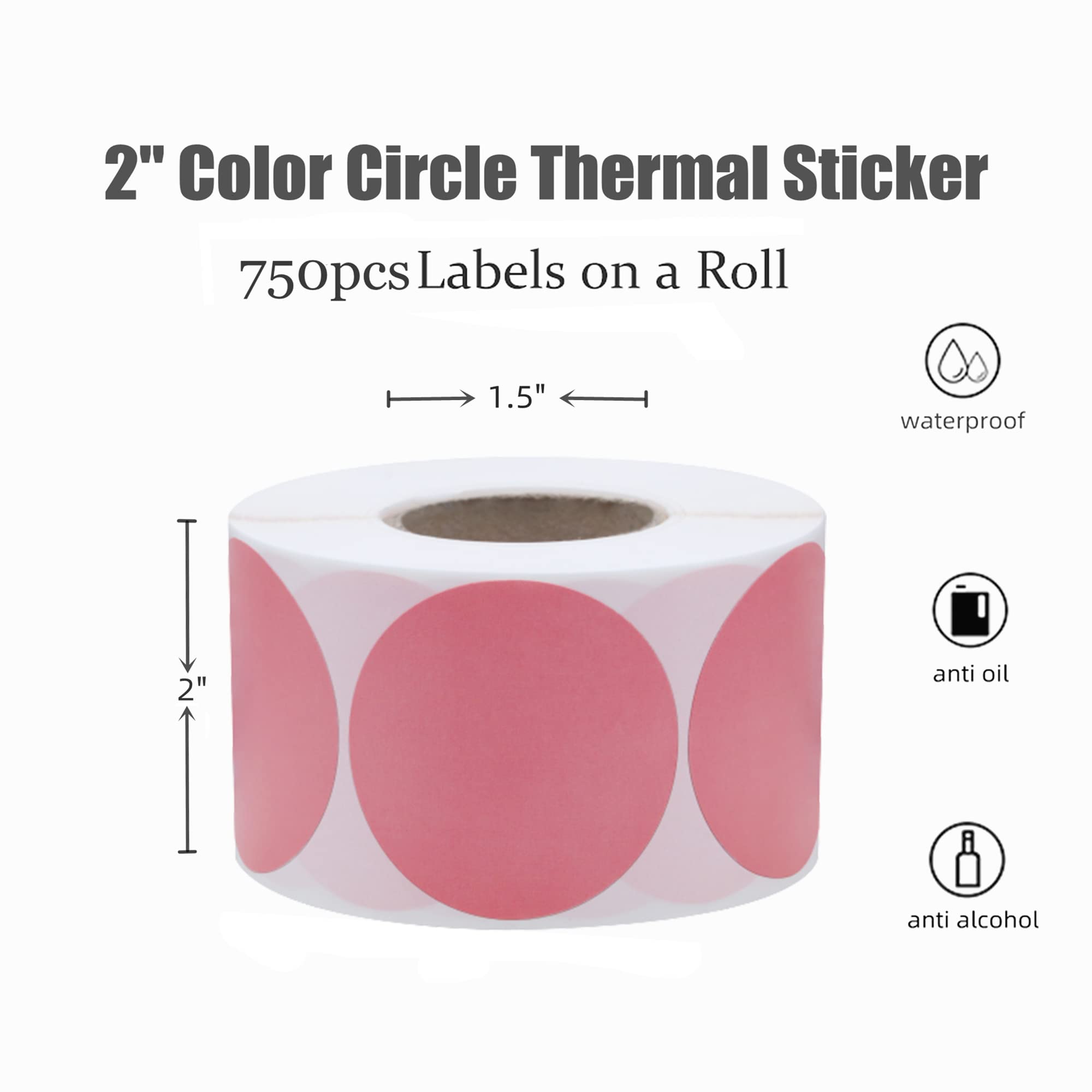 Hybsk 2 inch Circle Color Direct Thermal Stickers Shipping Labels for Barcodes,Name Tag,DIY Logo Design,QR Code,Inventory– Compatible with Zebra,Rollo,Munbyn,and More-750 pcs (2 inch,Pink)