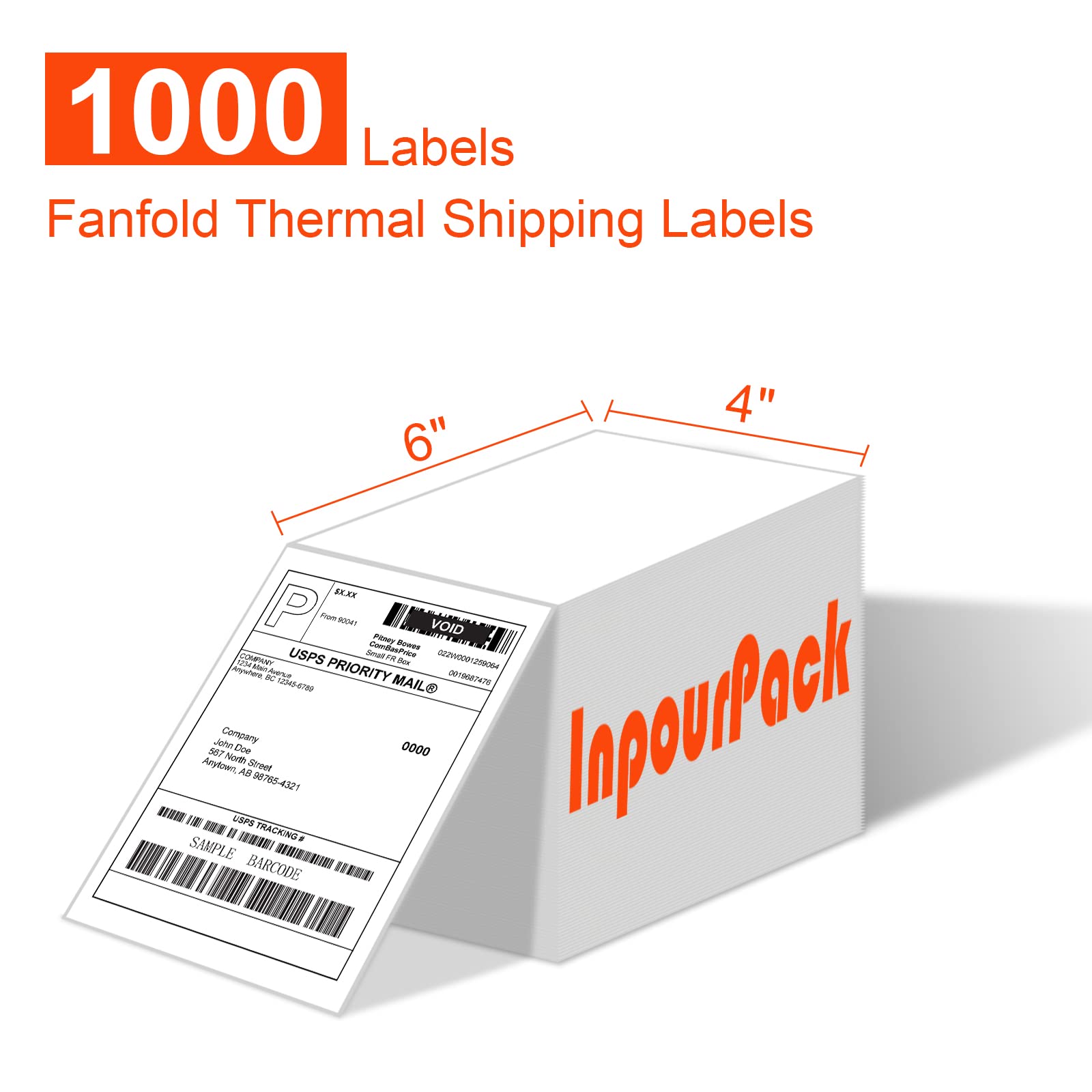 InpourPack 4" x 6" Fanfold Labels Direct Thermal Labels, Shipping Package Labels with Perforated line for Thermal Printers (1000 Labels/Stack, 1 Stack)