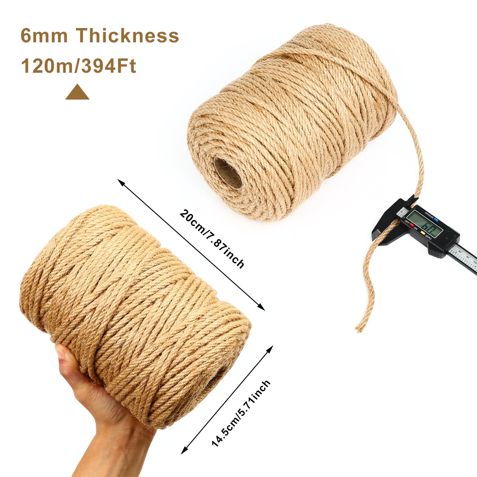 JIUXQT 394Ft 6mm Jute Twine Natural Hemp Rope Heavy Duty Jute Rope for DIY, Arts, Camping, Crafts, Gardening, Wedding, Bundling, Home, Decorating, Cat Scratching Post