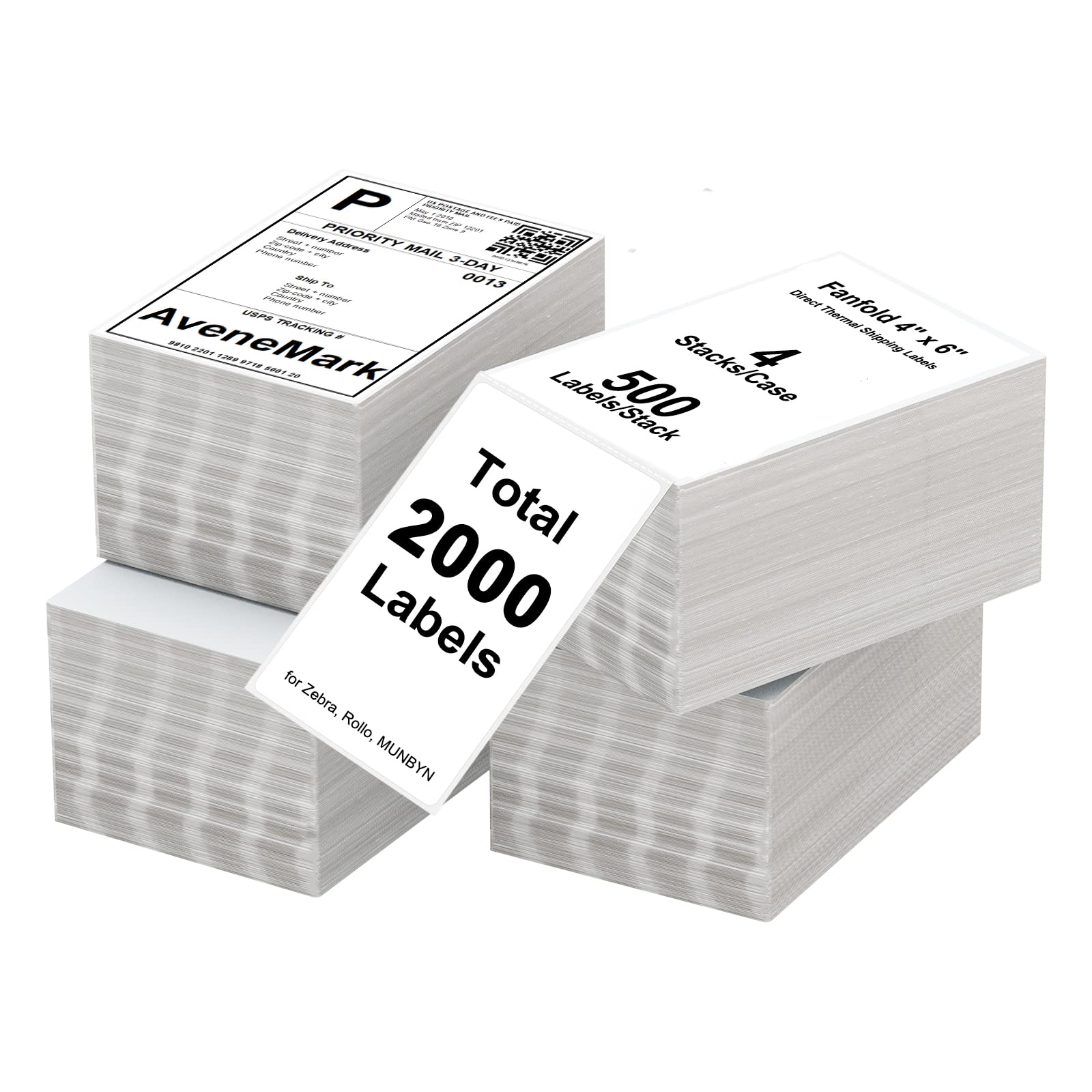 AveneMark 4 Stacks 2000 Labels 4" x 6" Fanfold Direct Thermal Labels, Postage Shipping Labels Paper with Perforated, Strong Adhesive Label for Zebra, Rollo, MUNBYN Thermal Printer,500 Labels per Stack