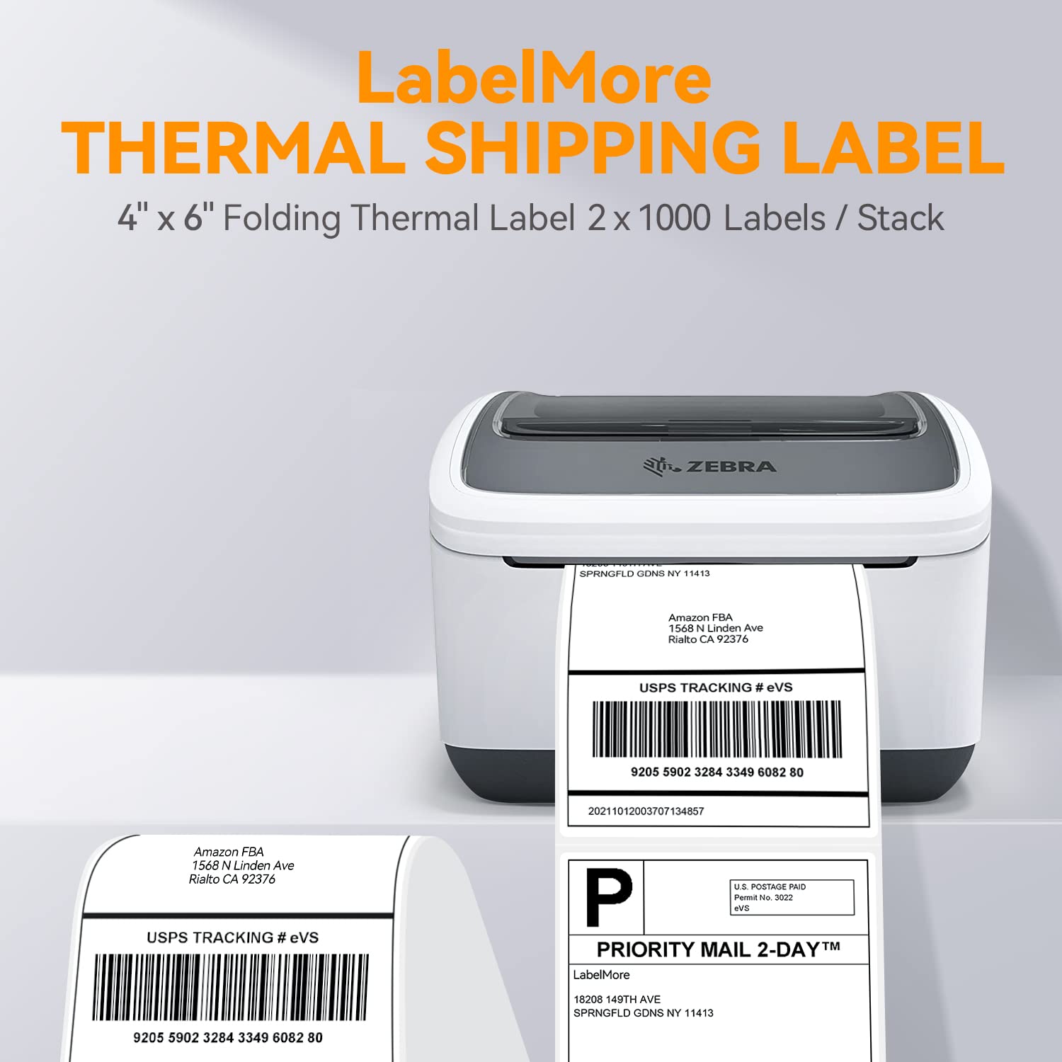 LabelMore 4x6 Thermal Shipping Labels, 2000 Fanfold Thermal Printer Labels with Perforations, White Mailing Postage Labels Compatible with Rollo, Zebra Thermal Printer, Smoothly Printing