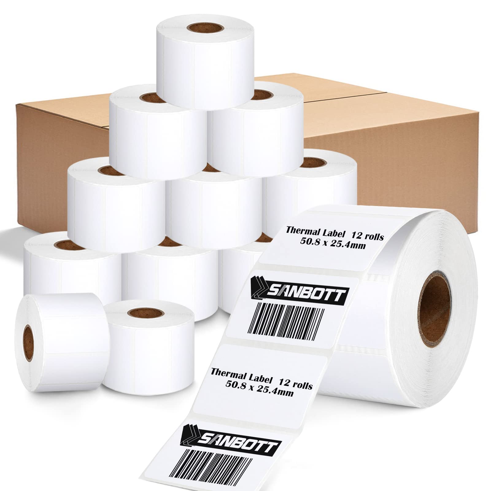 12 Rolls of 1300 2"x1" Direct Thermal Labels for UPC Barcodes, Perforated Address Labels, Thermal Paper Self-Adhesive Label Stickers Tape Compatible with Rollo & Zebra Desktop Printers (12 Rolls)