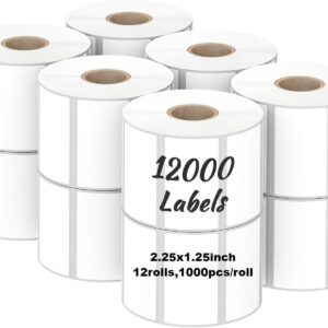 Labelebal 12 Rolls,1000/Roll -Zebra 2.25" X 1.25” Direct Thermal Labels - Perforated Stickers for Barcode Address & FBA Product, Compatible with Zebra & Rollo & MUNBYN Desktop Printer…