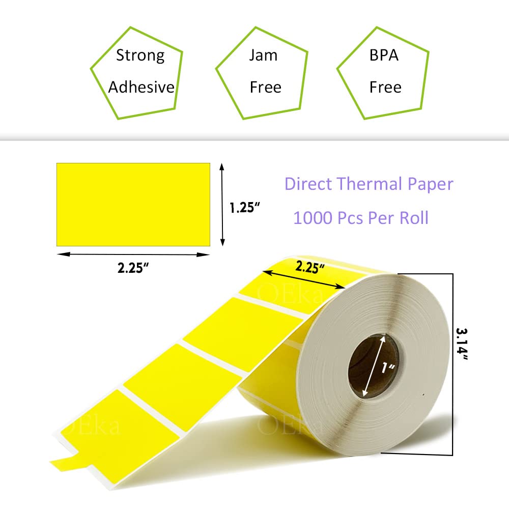 OEka 2.25" X 1.25” Direct Thermal Labels Barcode Address Labels 1000Pcs/Roll Compatible with Rollo & Zebra Desktop Printers (1 ROLL, Yellow)