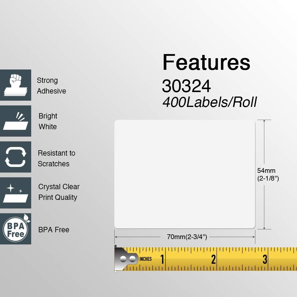 BETCKEY - Compatible DYMO 30324 (2-1/8" x 2-3/4") Multipurpose Labels, Strong Adhesive & Perforated, Compatible with DYMO Labelwriter 450, 4XL, Rollo & Zebra Desktop Printers [6 Rolls/2400 Labels]