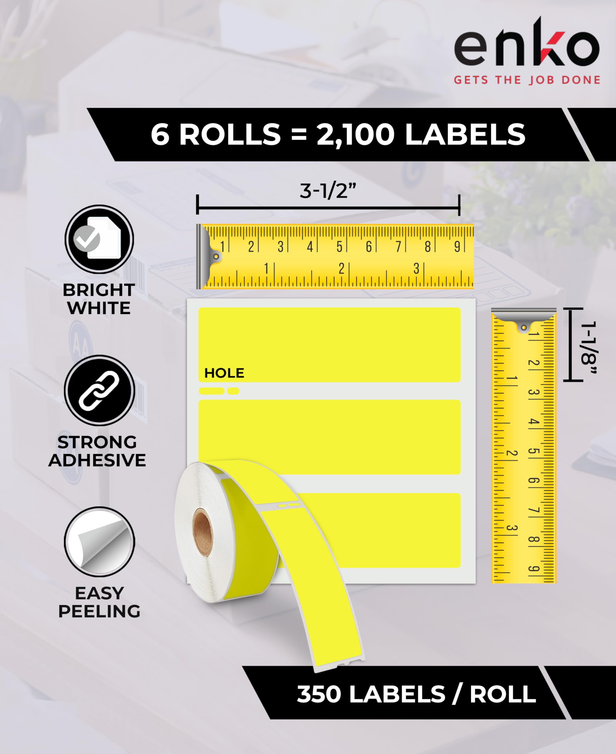 enKo [6 Rolls, 2100 Labels] Address, Shipping & Barcode Labels 30252 - Yellow (1-1/8" x 3-1/2") Compatible for Dymo LabelWriter & Rollo Printer