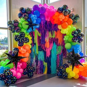 165pcs rainbow balloon arch garland kit with uv neon luminous fluorescent balloons for glow in the dark party let's glow birthday wedding back to 80s 90s disco party decor