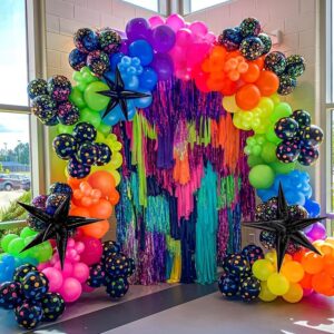 165Pcs Rainbow Balloon Arch Garland Kit with UV Neon Luminous Fluorescent Balloons for Glow in the Dark Party Let's Glow Birthday Wedding Back to 80s 90s Disco Party Decor