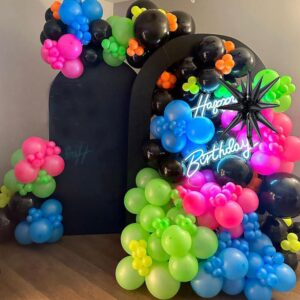 165Pcs Rainbow Balloon Arch Garland Kit with UV Neon Luminous Fluorescent Balloons for Glow in the Dark Party Let's Glow Birthday Wedding Back to 80s 90s Disco Party Decor