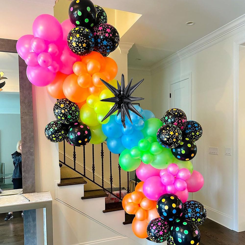 165Pcs Rainbow Balloon Arch Garland Kit with UV Neon Luminous Fluorescent Balloons for Glow in the Dark Party Let's Glow Birthday Wedding Back to 80s 90s Disco Party Decor