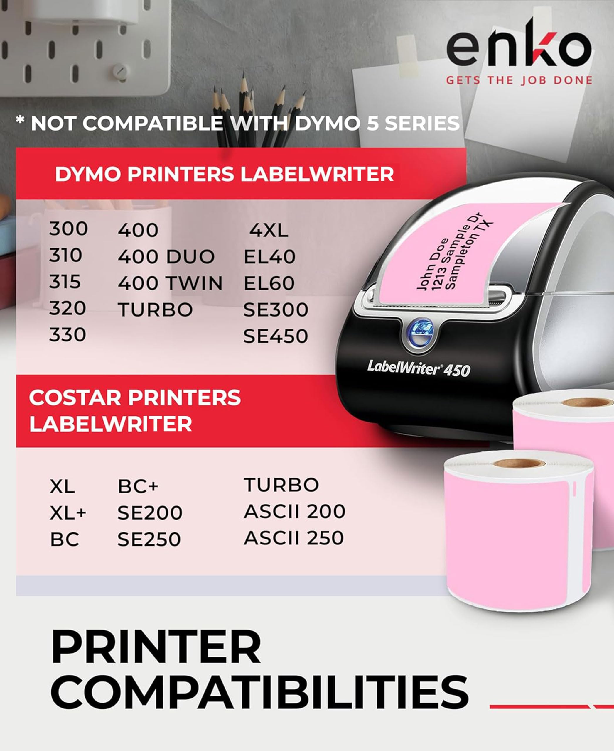 enKo [6 Rolls, 1800 Direct Thermal Labels] Pink Compatible for Colored Dymo Labels 30256 - Stickers Label (2-5/16 x 4") Use with Dymo, Rollo Thermal Printer as Shipping & Mailing Labels