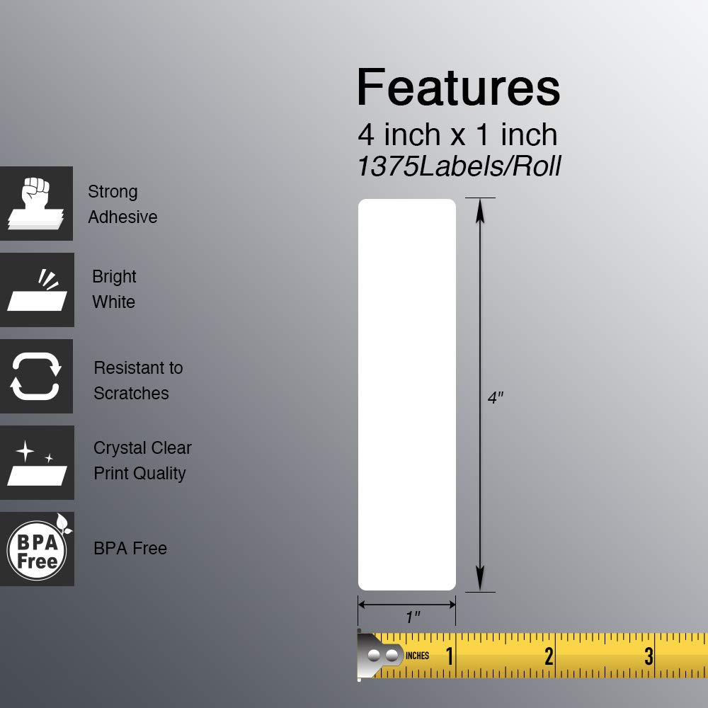 BETCKEY - 4" x 1" (102 mm x 25 mm) Multipurpose Labels Compatible with Zebra & Rollo Label Printer,Premium Adhesive & Perforated [20 Rolls, 27500 Labels]