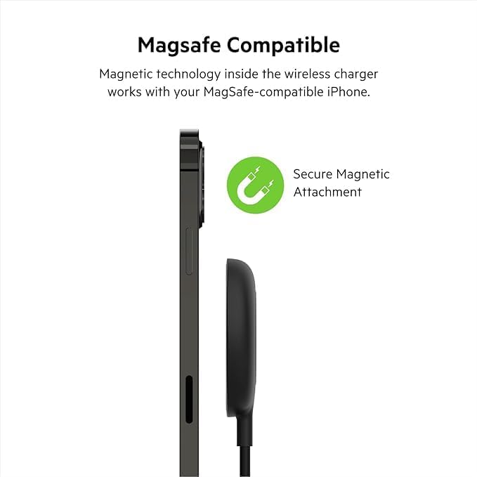 Belkin 7.5W Magnetic Portable Wireless Charger Pad, Magsafe Compatible, iPhone 14, 13, 12, 11, XS Max, X, 8, 7, 6s, 6, Plus - 6.6ft/2M Long Cable