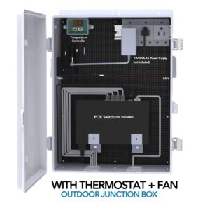 AKWscyby Outdoor Electrical Box, Junction Box with Fan & Thermostat & Power Adapter, Mounting Plate, Dust Screen, Mounting Brackets and Hinged Lid (18.1"Hx 12.5"L x 6.3"W)