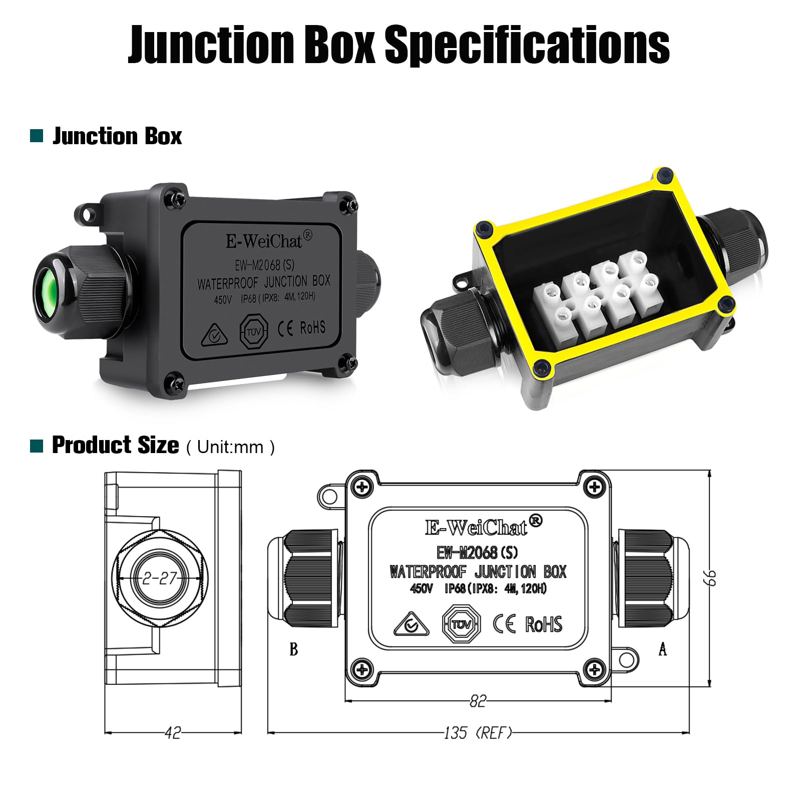 Junction Box Outdoor Waterproof Electrical Box, 2 Way Plug Line Plastic External Junction Box, M25 Waterproof Electrical Box, Electric Power Cord Boxes Suitable for Outdoor Lights, Landscape Lighting