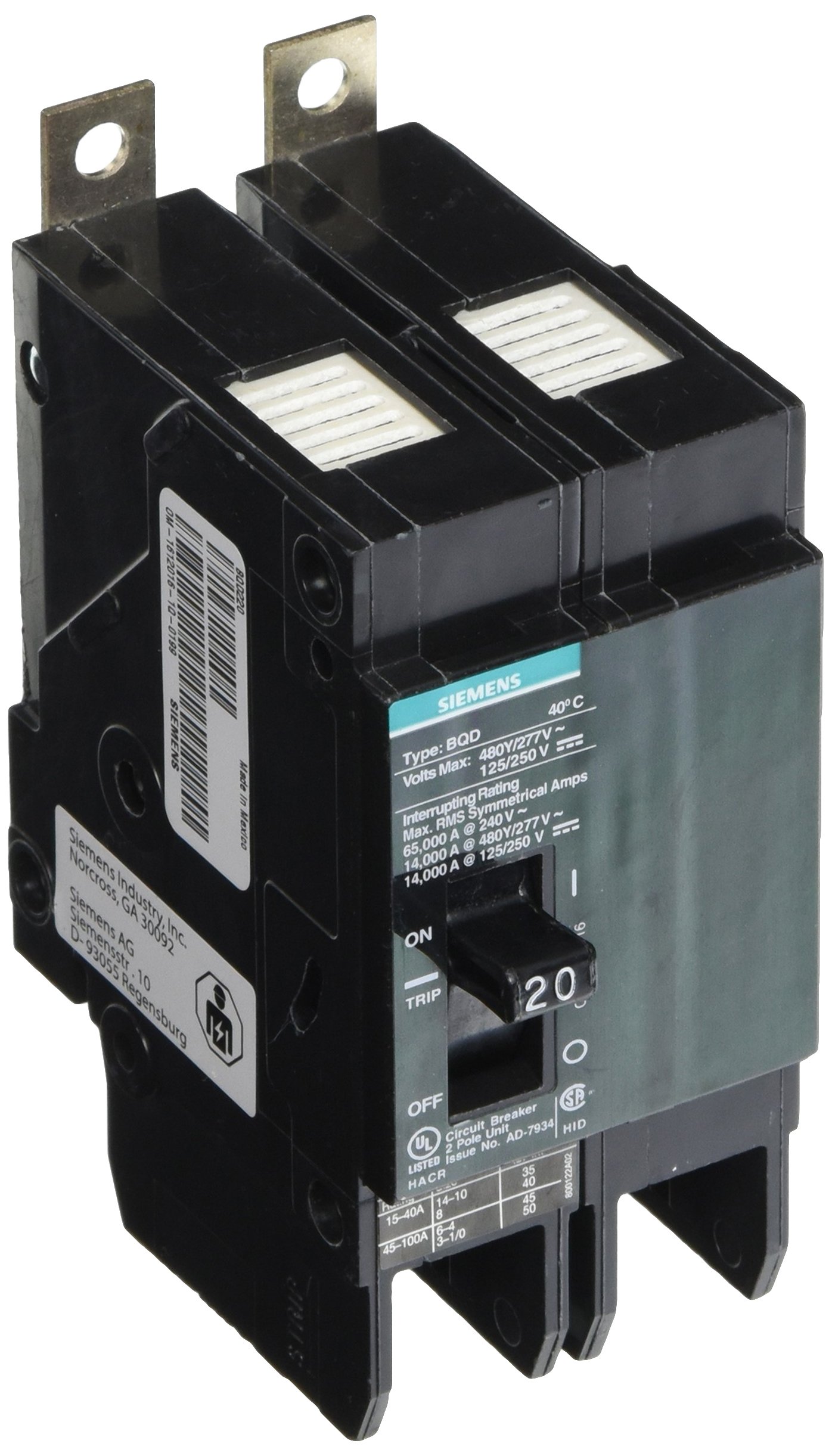 Siemens BQD220 20-Amp Double Pole 480Y/277V AC - 125/250V DC 14KAIC Bolt in Breaker