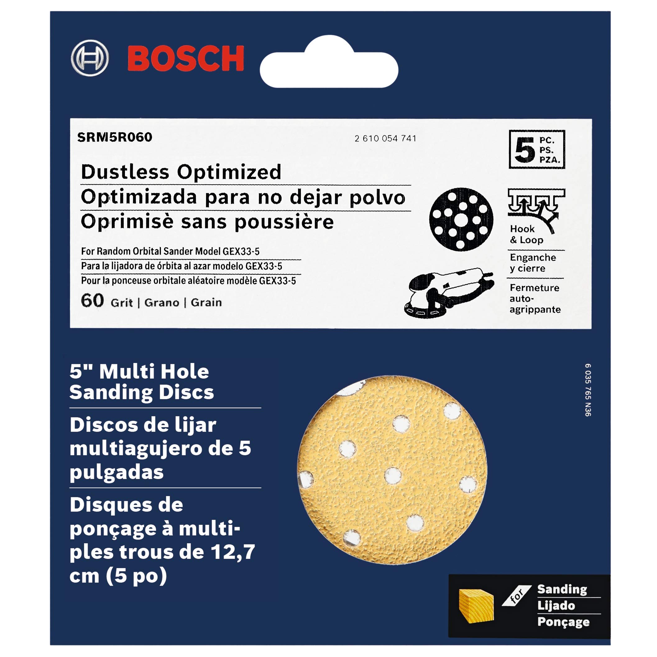 BOSCH SRM5R060 5 pc. 60 Grit 5 In. Multi-Hole Hook-And-Loop Sanding Discs