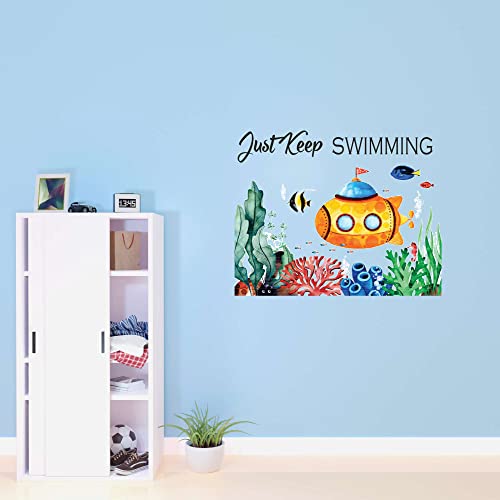 Children Just Swimming Cute Sports Wall Decal Decoration Underwater Creatures with Submarine Cartoon Decal Lasts Years and Easily Removable - Size: 10 in(W) x 8 in(H)