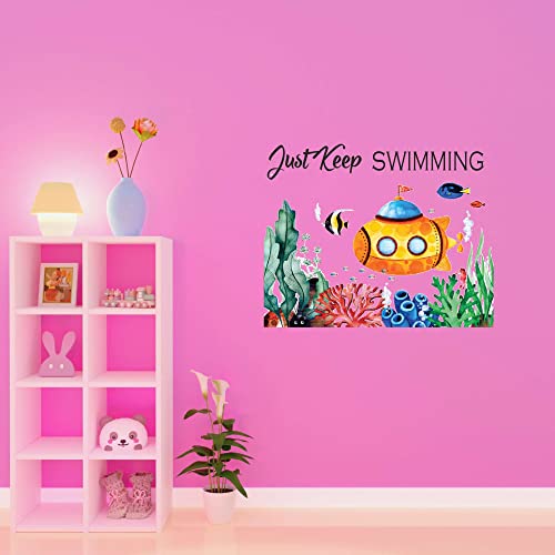 Children Just Swimming Cute Sports Wall Decal Decoration Underwater Creatures with Submarine Cartoon Decal Lasts Years and Easily Removable - Size: 10 in(W) x 8 in(H)