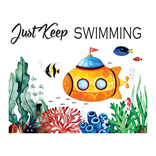Children Just Swimming Cute Sports Wall Decal Decoration Underwater Creatures with Submarine Cartoon Decal Lasts Years and Easily Removable - Size: 10 in(W) x 8 in(H)