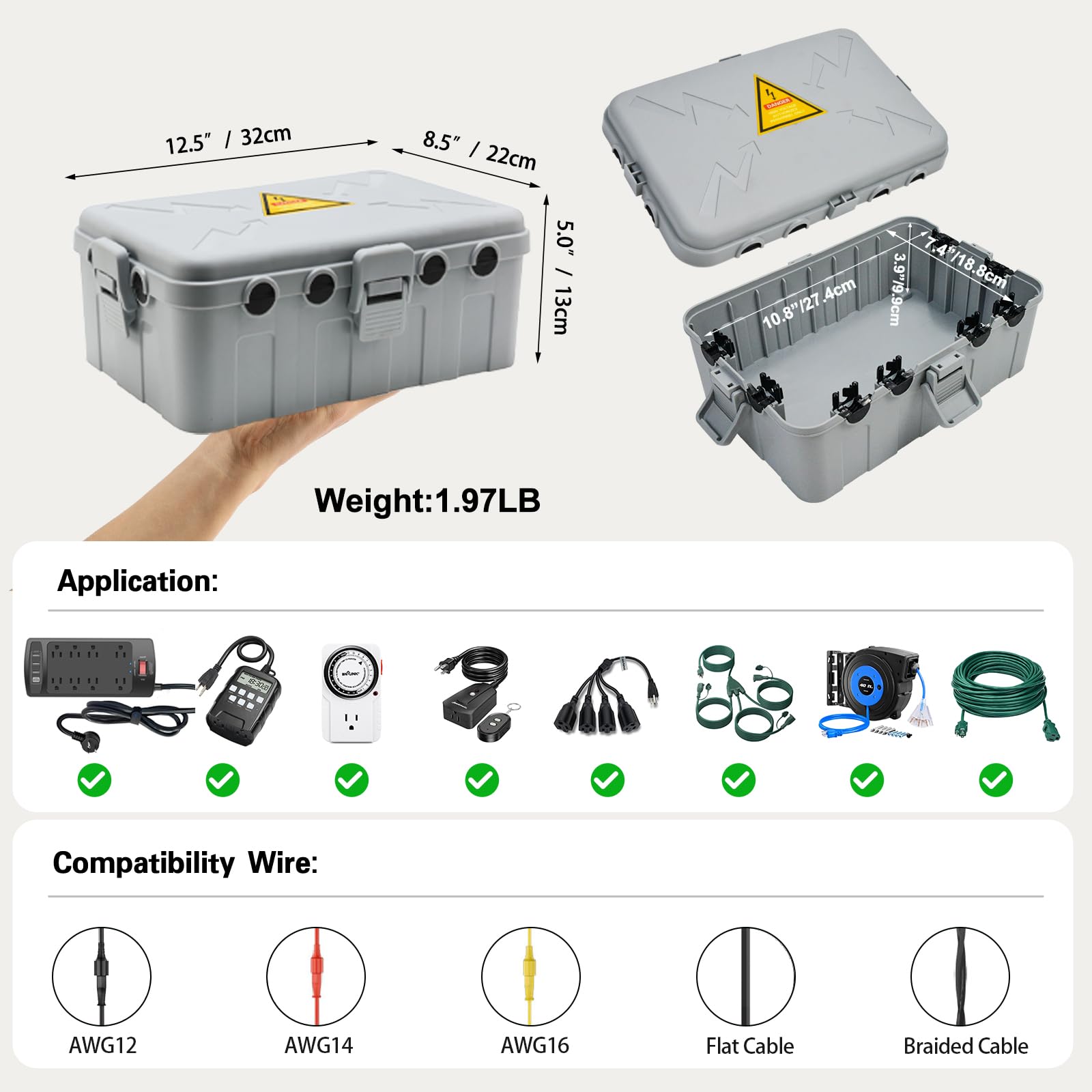 Outdoor Electrical Box,IP54 Waterproof Extension Cord Cover Weatherproof, Outdoor Outlet Covers Protect Outlet, Plug,Power Strip, Socket,Surge Holiday Light Extended Line,Grey