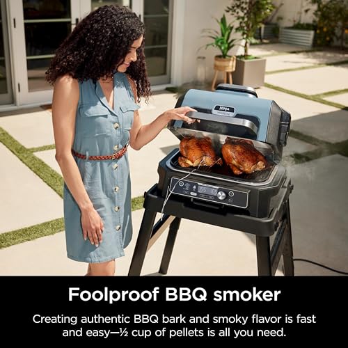 Ninja OG951 Woodfire Pro Connect Premium XL Outdoor Grill & Smoker, Bluetooth, App Enabled, 7-in-1 Master Grill, BBQ Smoker, Outdoor Air Fryer, Woodfire Technology, 2 Built-In Thermometers, Black