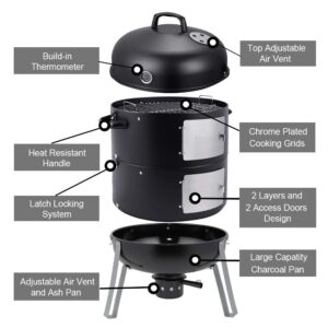 SUNLIFER 20.5 Inch Vertical Charcoal Smoker and Grill Combo, Heavy-Duty BBQ Smokers for Outdoor Cooking Camping