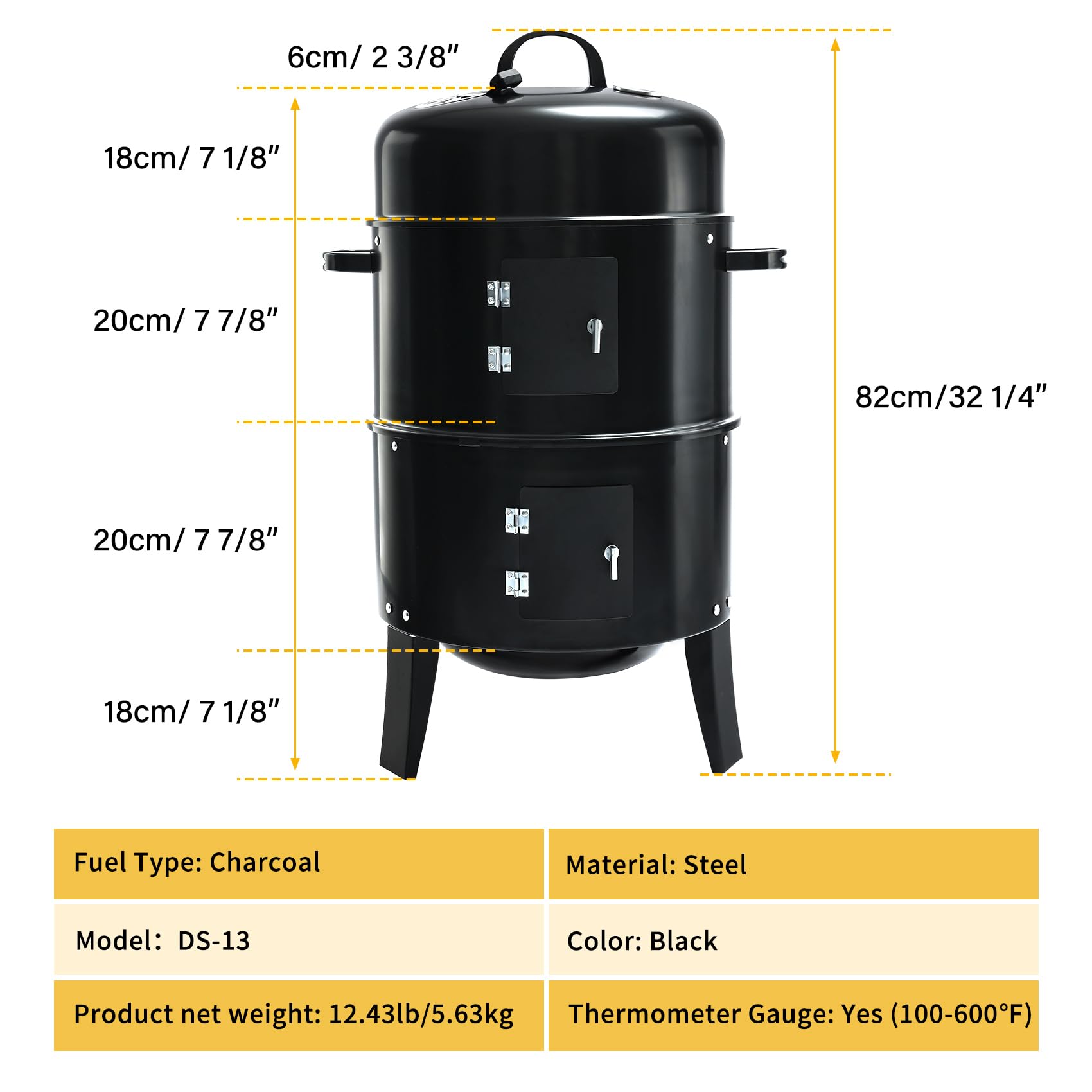 TENGCHANG 32" Charcoal Smoker BBQ Grill, 3IN1 Outdoor Vertical Smoke Portable Meat Cooker, Black