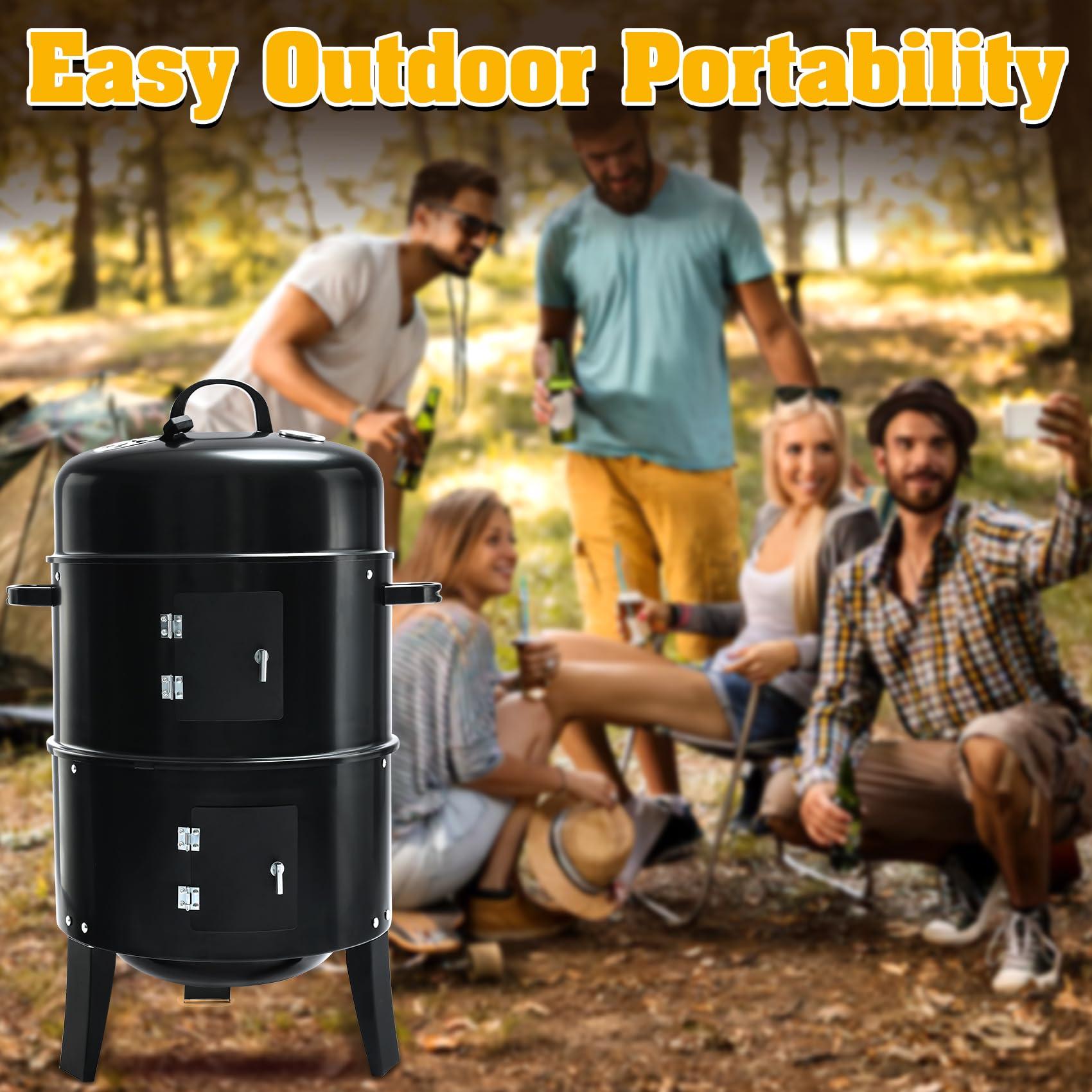 TENGCHANG 32" Charcoal Smoker BBQ Grill, 3IN1 Outdoor Vertical Smoke Portable Meat Cooker, Black