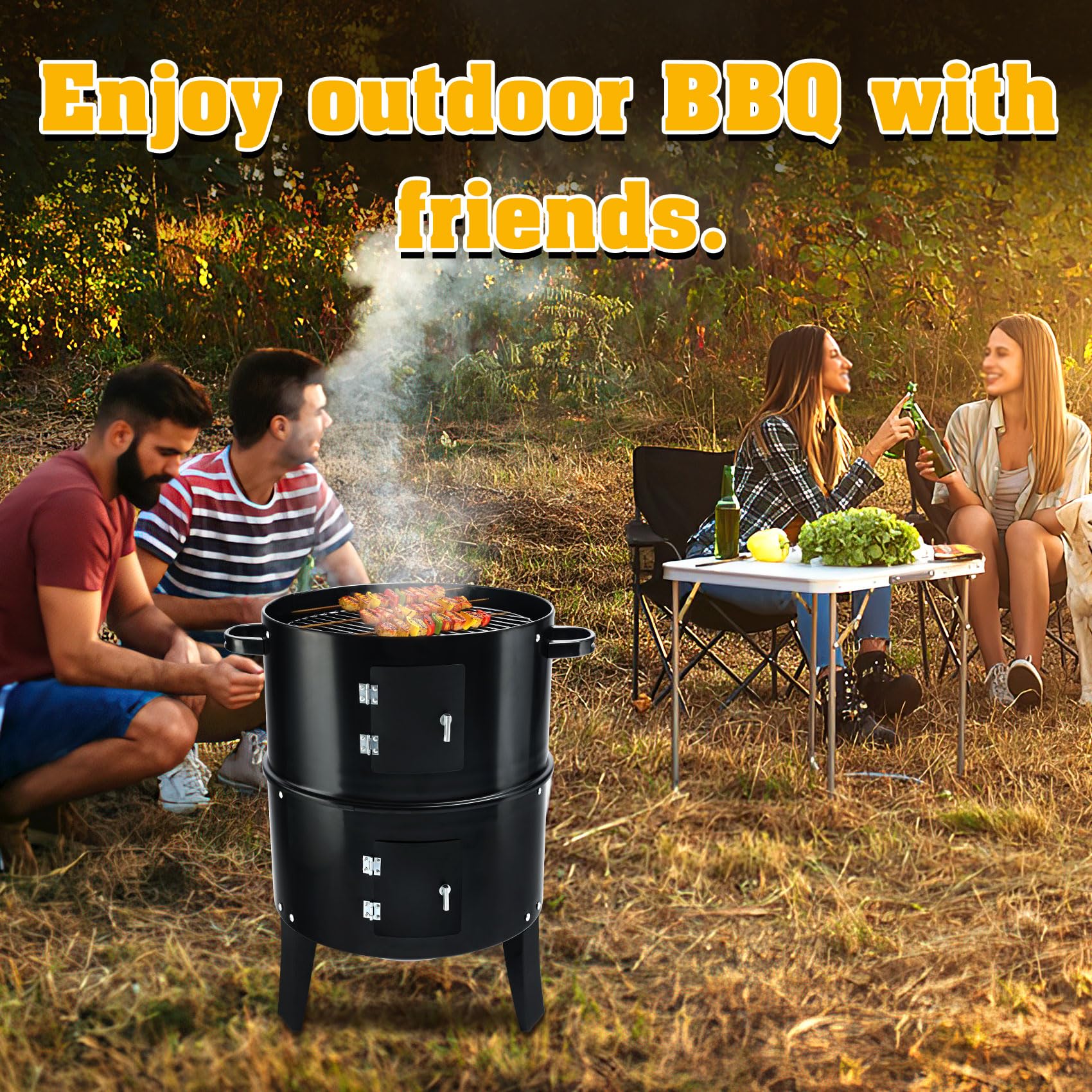 TENGCHANG 32" Charcoal Smoker BBQ Grill, 3IN1 Outdoor Vertical Smoke Portable Meat Cooker, Black