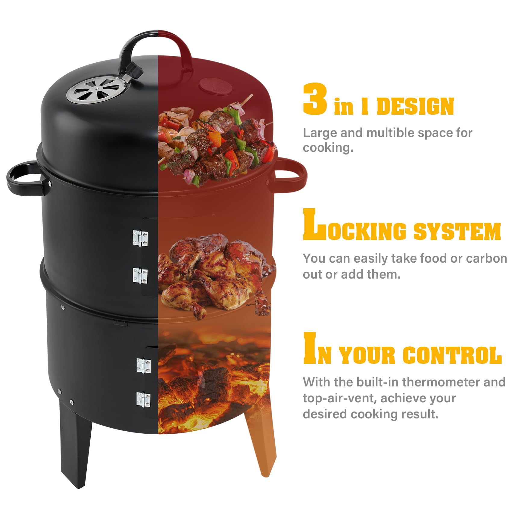 TENGCHANG 32" Charcoal Smoker BBQ Grill, 3IN1 Outdoor Vertical Smoke Portable Meat Cooker, Black