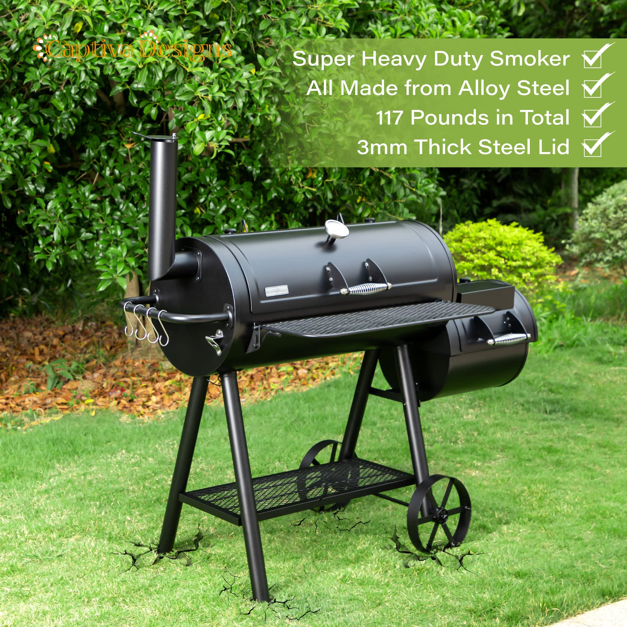 Captiva Designs Heavy Duty Outdoor Smoker,Extra Large Cooking Area(941 sq.in. in Total) Offset Smoker, Best Charcoal Smoker and Grill Combo for Outdoor Garden Patio and Backyard Cooking