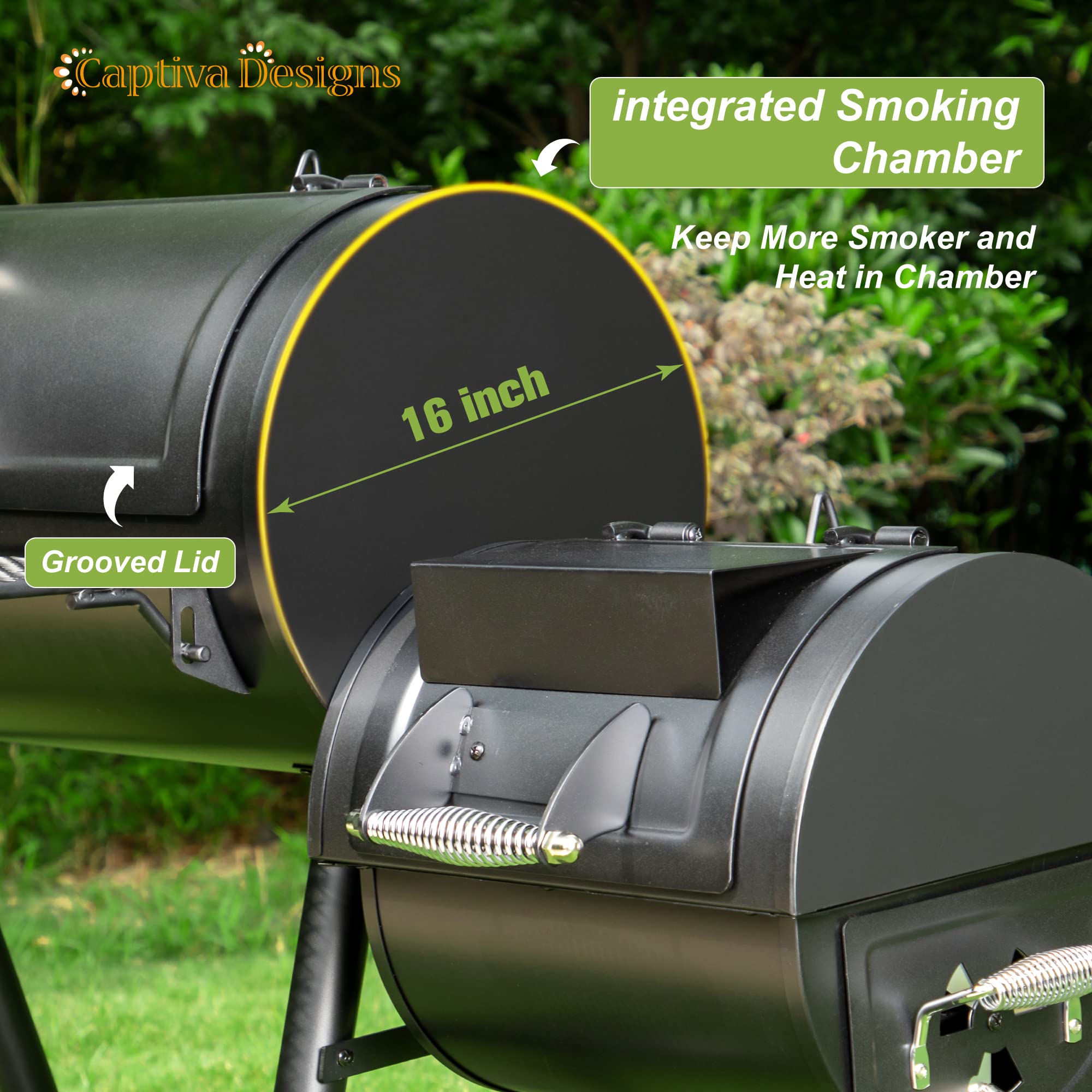 Captiva Designs Heavy Duty Outdoor Smoker,Extra Large Cooking Area(941 sq.in. in Total) Offset Smoker, Best Charcoal Smoker and Grill Combo for Outdoor Garden Patio and Backyard Cooking