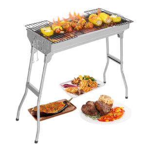 outvita portable charcoal grill, 28x 13 x 27" foldable barbecue grill, stainless steel bbq grill and smoker for outdoor cooking camping hiking party picnic garden beach