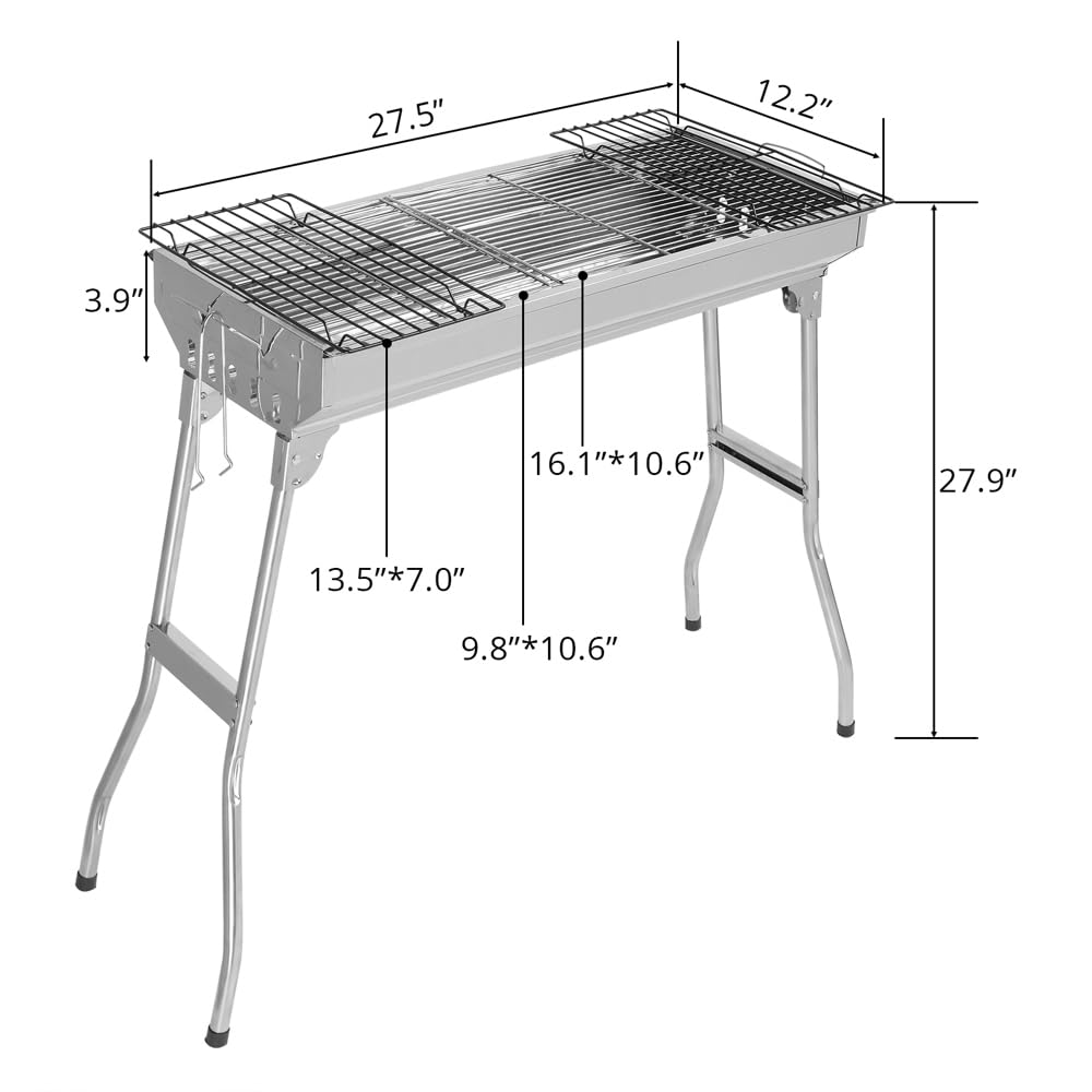 Outvita Portable Charcoal Grill, 28x 13 x 27" Foldable Barbecue Grill, Stainless Steel BBQ Grill and Smoker for Outdoor Cooking Camping Hiking Party Picnic Garden Beach