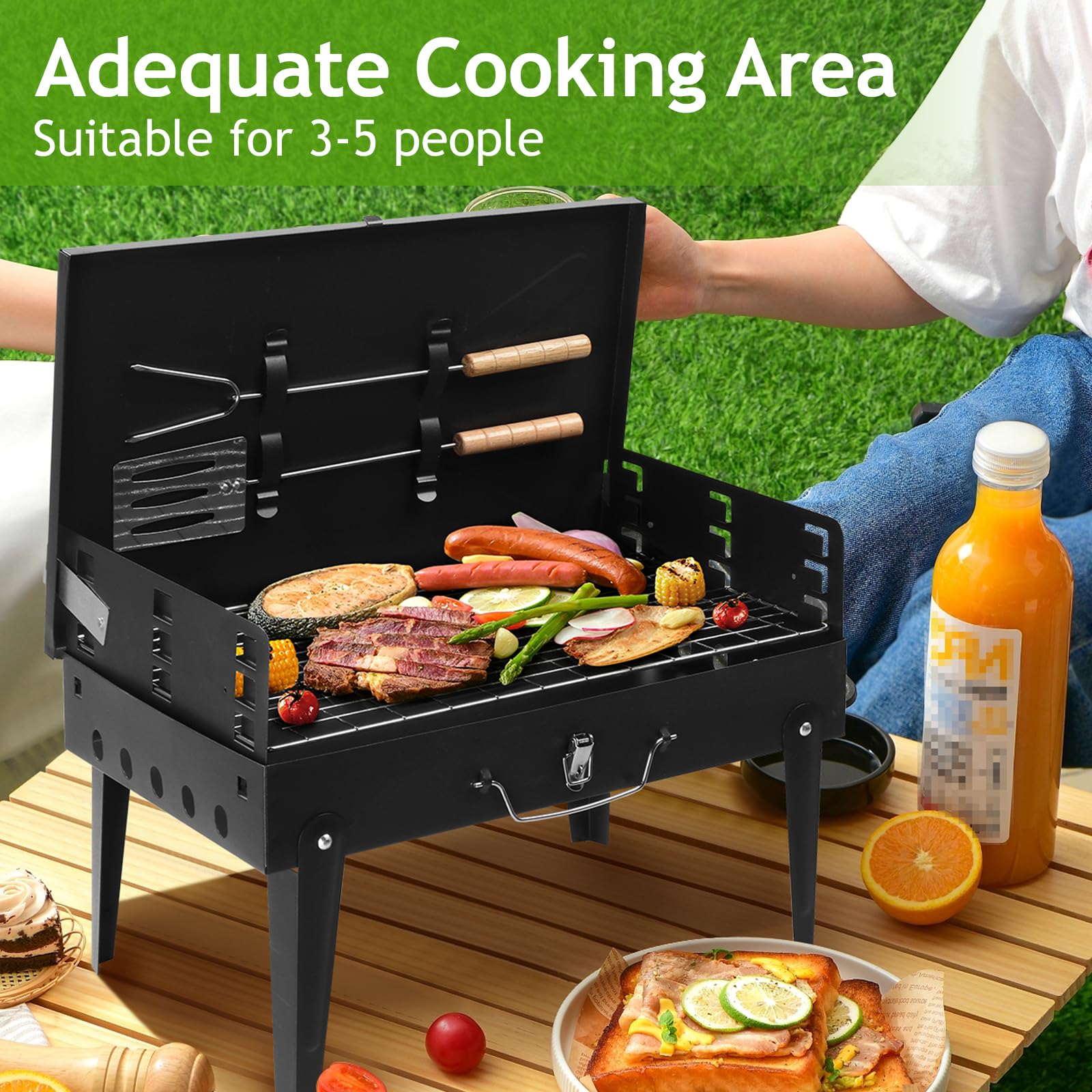 Outvita Portable Charcoal Grill, Outdoor Foldable BBQ Grill with Barbecue Accessories & Lid for Cooking Camping Picnic Hiking Beach Party Patio Smokers, Height Adjustable for 3 to 5 People