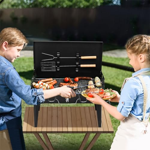 KAMNIK Portable Charcoal Grill, Multi-functional Metal Small BBQ Smoker Foldable Camping Grill with Barbecue Accessories & Lid Lightweight Barbecue Grill Tools for Outdoor Cooking Camp Picnic